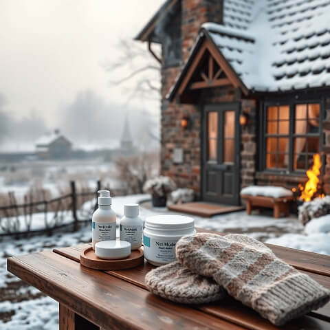 A cozy home with smoke from the chimney in a misty winter landscape, surrounded by damp fields, with moisturizers and mittens on a wooden table.