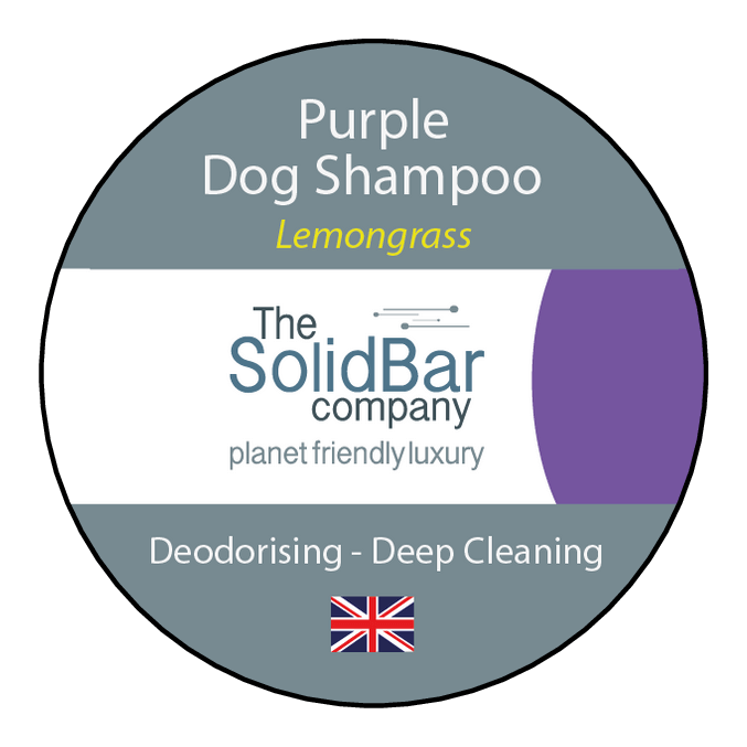 Deodorising and deep cleaning purple dog shampoo from The Solid Bar Company