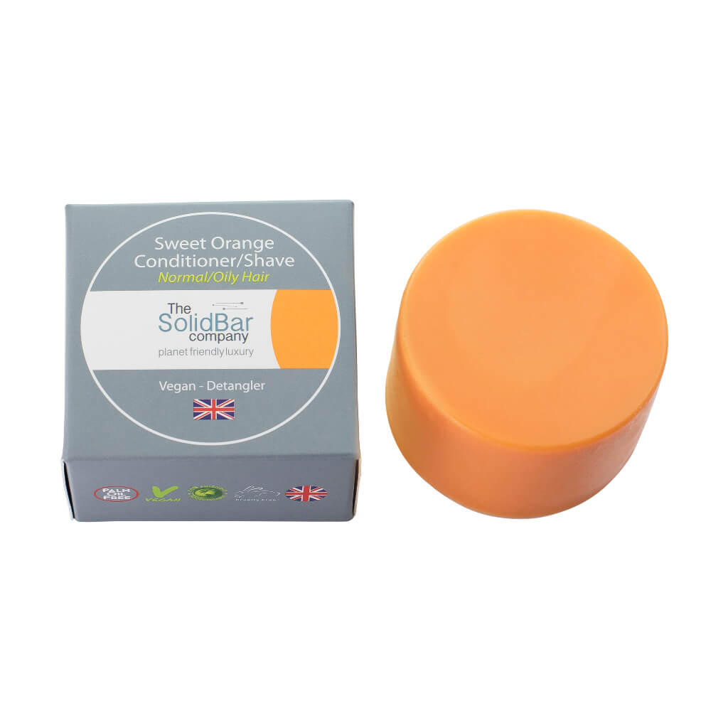 Vegan Orange Hair Conditioner Bar from The Solid Bar Company oily with box